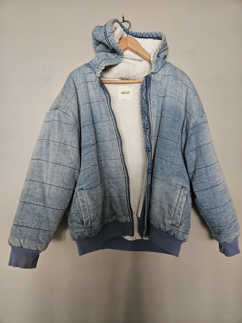 aerie Light Wash Quilted Sherpa Hoodie Jacket - Light Blue